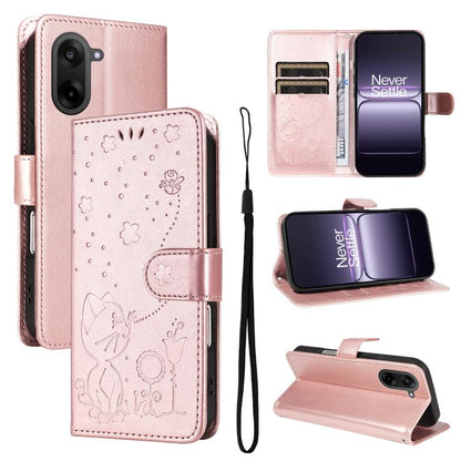 Cat and Bee Embossed Flip Leather Phone Case, For OnePlus Nord CE6 Lite/Turbo 6X 5G, For OnePlus Ace 6 Ultra, For OnePlus Ace 6, For OnePlus 15, For OnePlus ACE 5 Ultra, For OnePlus Nord CE5