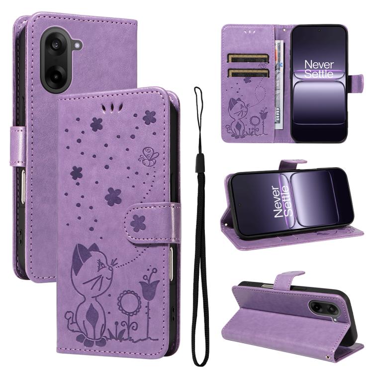 Cat and Bee Embossed Flip Leather Phone Case, For OnePlus Nord CE6 Lite/Turbo 6X 5G, For OnePlus Ace 6 Ultra, For OnePlus Ace 6, For OnePlus 15, For OnePlus ACE 5 Ultra, For OnePlus Nord CE5