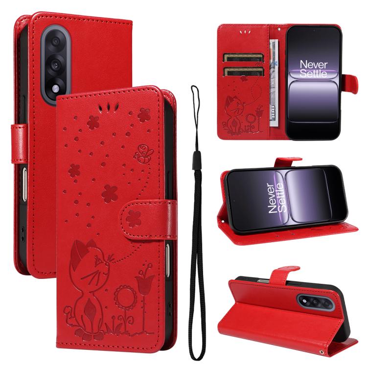 Cat and Bee Embossed Flip Leather Phone Case, For OnePlus Nord CE6 Lite/Turbo 6X 5G, For OnePlus Ace 6 Ultra, For OnePlus Ace 6, For OnePlus 15, For OnePlus ACE 5 Ultra, For OnePlus Nord CE5
