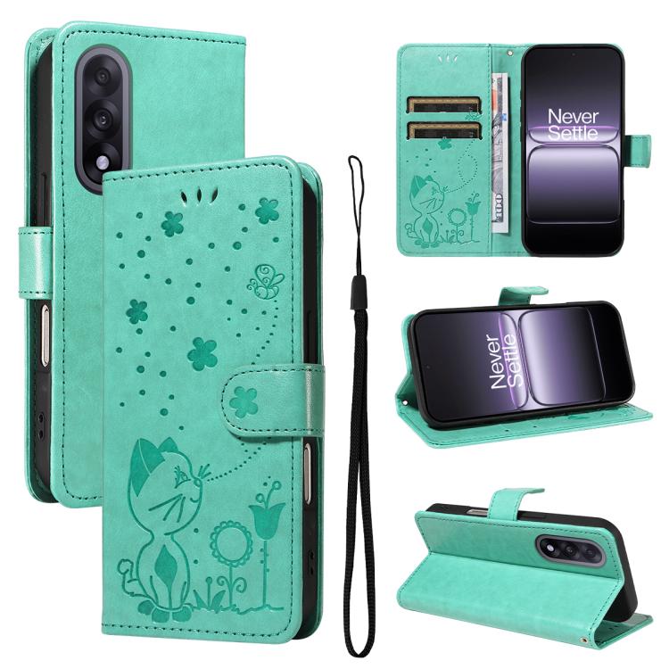 Cat and Bee Embossed Flip Leather Phone Case, For OnePlus Nord CE6 Lite/Turbo 6X 5G, For OnePlus Ace 6 Ultra, For OnePlus Ace 6, For OnePlus 15, For OnePlus ACE 5 Ultra, For OnePlus Nord CE5