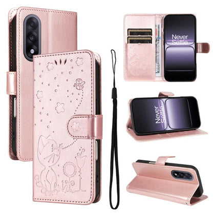 Cat and Bee Embossed Flip Leather Phone Case, For OnePlus Nord CE6 Lite/Turbo 6X 5G, For OnePlus Ace 6 Ultra, For OnePlus Ace 6, For OnePlus 15, For OnePlus ACE 5 Ultra, For OnePlus Nord CE5