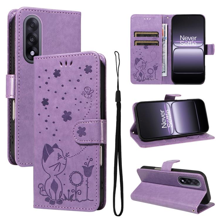 Cat and Bee Embossed Flip Leather Phone Case, For OnePlus Nord CE6 Lite/Turbo 6X 5G, For OnePlus Ace 6 Ultra, For OnePlus Ace 6, For OnePlus 15, For OnePlus ACE 5 Ultra, For OnePlus Nord CE5