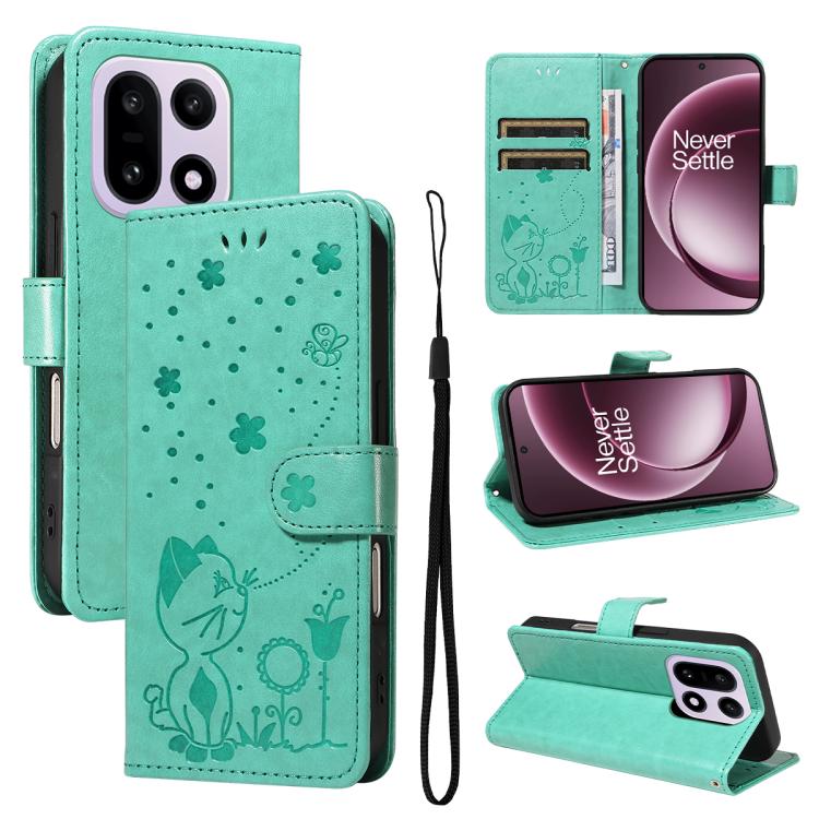 Cat and Bee Embossed Flip Leather Phone Case, For OnePlus Nord CE6 Lite/Turbo 6X 5G, For OnePlus Ace 6 Ultra, For OnePlus Ace 6, For OnePlus 15, For OnePlus ACE 5 Ultra, For OnePlus Nord CE5