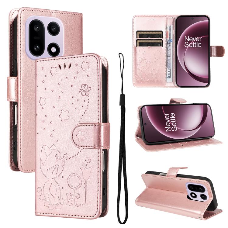 Cat and Bee Embossed Flip Leather Phone Case, For OnePlus Nord CE6 Lite/Turbo 6X 5G, For OnePlus Ace 6 Ultra, For OnePlus Ace 6, For OnePlus 15, For OnePlus ACE 5 Ultra, For OnePlus Nord CE5