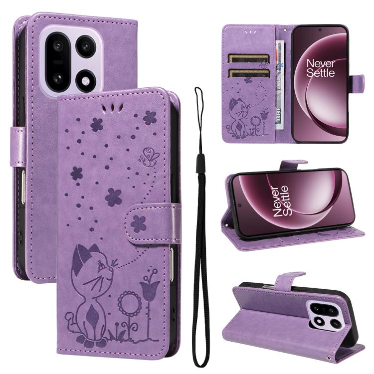 Cat and Bee Embossed Flip Leather Phone Case, For OnePlus Nord CE6 Lite/Turbo 6X 5G, For OnePlus Ace 6 Ultra, For OnePlus Ace 6, For OnePlus 15, For OnePlus ACE 5 Ultra, For OnePlus Nord CE5