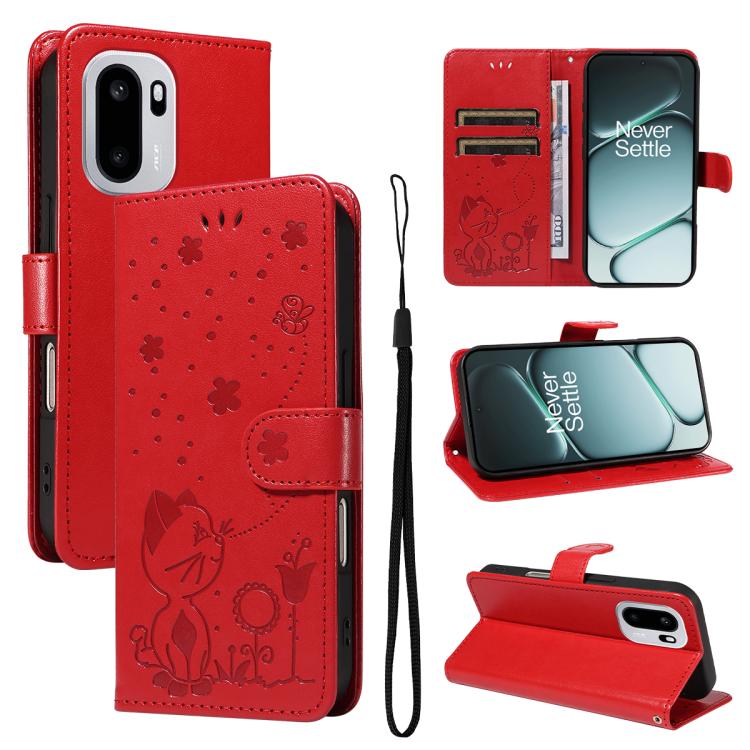 Cat and Bee Embossed Flip Leather Phone Case, For OnePlus Nord CE6 Lite/Turbo 6X 5G, For OnePlus Ace 6 Ultra, For OnePlus Ace 6, For OnePlus 15, For OnePlus ACE 5 Ultra, For OnePlus Nord CE5