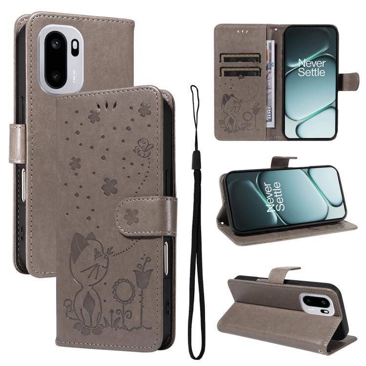 Cat and Bee Embossed Flip Leather Phone Case, For OnePlus Nord CE6 Lite/Turbo 6X 5G, For OnePlus Ace 6 Ultra, For OnePlus Ace 6, For OnePlus 15, For OnePlus ACE 5 Ultra, For OnePlus Nord CE5
