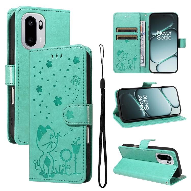 Cat and Bee Embossed Flip Leather Phone Case, For OnePlus Nord CE6 Lite/Turbo 6X 5G, For OnePlus Ace 6 Ultra, For OnePlus Ace 6, For OnePlus 15, For OnePlus ACE 5 Ultra, For OnePlus Nord CE5