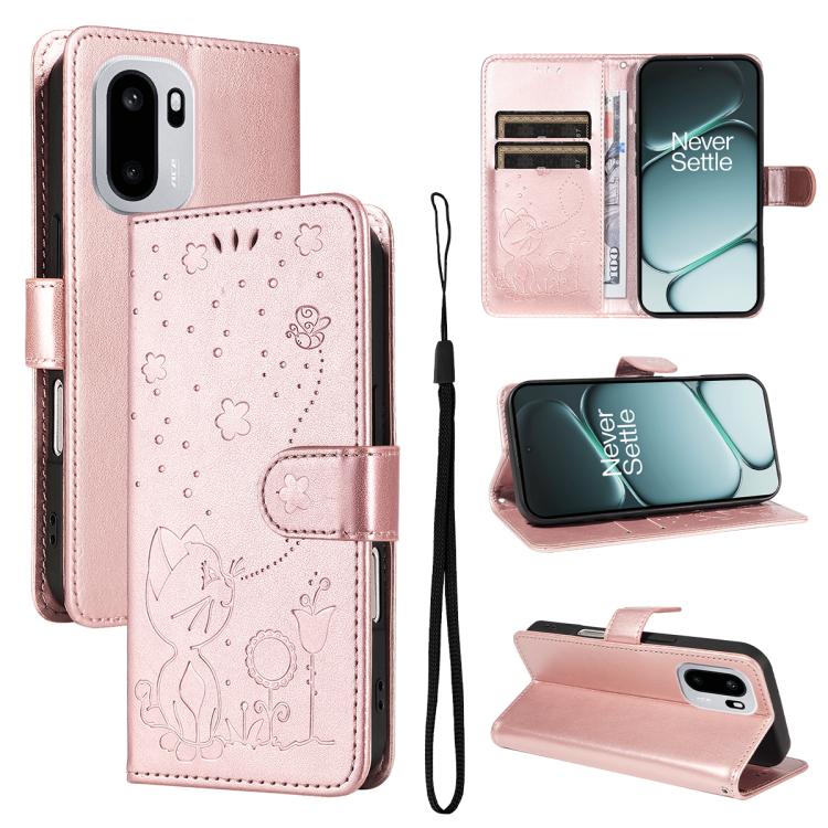 Cat and Bee Embossed Flip Leather Phone Case, For OnePlus Nord CE6 Lite/Turbo 6X 5G, For OnePlus Ace 6 Ultra, For OnePlus Ace 6, For OnePlus 15, For OnePlus ACE 5 Ultra, For OnePlus Nord CE5