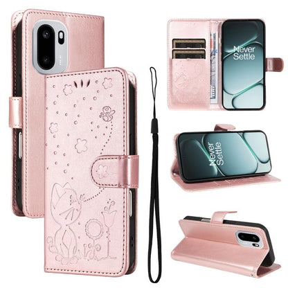 Cat and Bee Embossed Flip Leather Phone Case, For OnePlus Nord CE6 Lite/Turbo 6X 5G, For OnePlus Ace 6 Ultra, For OnePlus Ace 6, For OnePlus 15, For OnePlus ACE 5 Ultra, For OnePlus Nord CE5