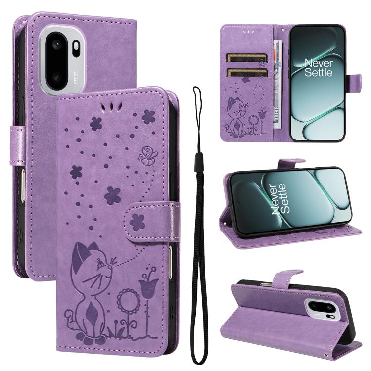 Cat and Bee Embossed Flip Leather Phone Case, For OnePlus Nord CE6 Lite/Turbo 6X 5G, For OnePlus Ace 6 Ultra, For OnePlus Ace 6, For OnePlus 15, For OnePlus ACE 5 Ultra, For OnePlus Nord CE5