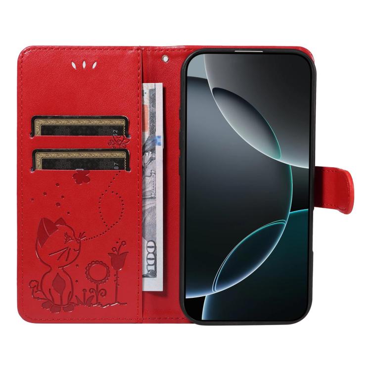 Cat and Bee Embossed Flip Leather Phone Case, For OnePlus Nord CE6 Lite/Turbo 6X 5G, For OnePlus Ace 6 Ultra, For OnePlus Ace 6, For OnePlus 15, For OnePlus ACE 5 Ultra, For OnePlus Nord CE5