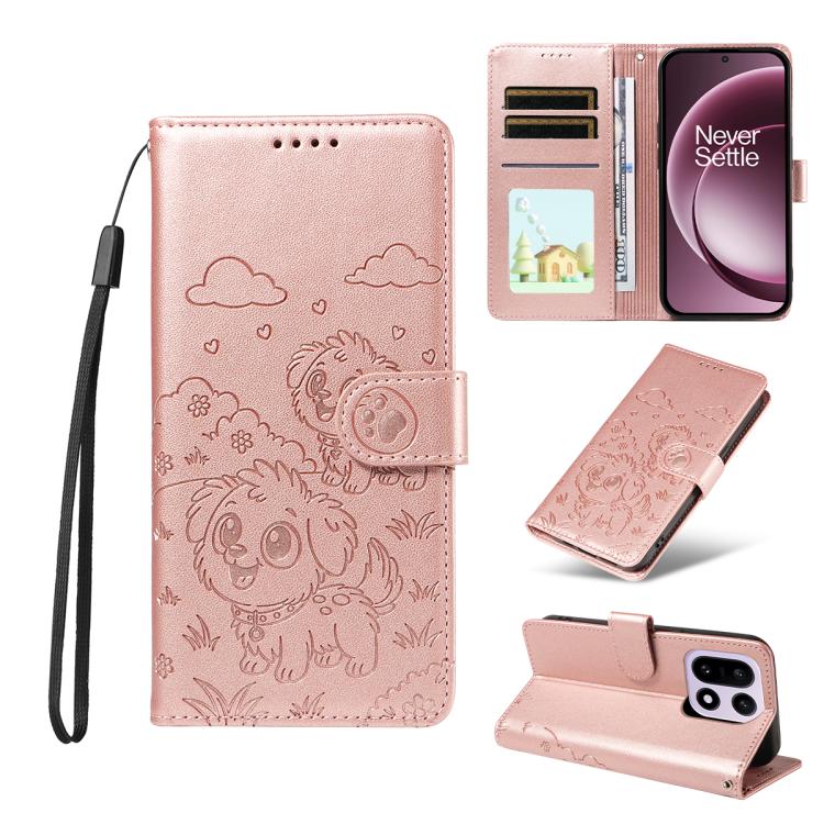 Embossed Heart Dog RFID Blocking Wallet Leather Phone Case, For OnePlus Turbo 6 / 6V 5G, For OnePlus Ace 6 / 15R, For OnePlus 15, For OnePlus Ace 5 Ultra / Nord 5 5G, For OnePlus Ace 5 Racing / Nord CE5 5G, For OnePlus 13R / Ace 5 / 5 Pro