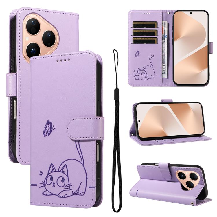 Adorable Cat Embossed Pattern Flip Leather Phone Case, For Huawei Pura 90 Pro Max 5G, For Huawei Pura 90 Pro 5G, For Huawei Pura 90 5G, For Huawei Nova 14 / Nova 14 Lite, For Huawei Pura 80 Ultra 5G, For Huawei Pura 80 Pro 5G, For Huawei Pura 80 5G