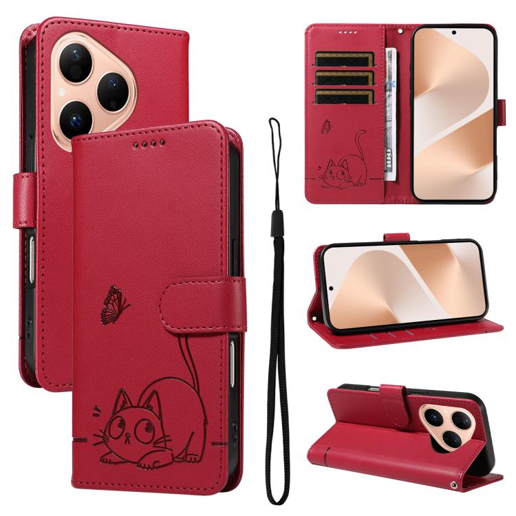 Adorable Cat Embossed Pattern Flip Leather Phone Case, For Huawei Pura 90 Pro Max 5G, For Huawei Pura 90 Pro 5G, For Huawei Pura 90 5G, For Huawei Nova 14 / Nova 14 Lite, For Huawei Pura 80 Ultra 5G, For Huawei Pura 80 Pro 5G, For Huawei Pura 80 5G