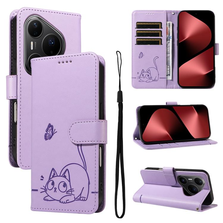 Adorable Cat Embossed Pattern Flip Leather Phone Case, For Huawei Pura 90 Pro Max 5G, For Huawei Pura 90 Pro 5G, For Huawei Pura 90 5G, For Huawei Nova 14 / Nova 14 Lite, For Huawei Pura 80 Ultra 5G, For Huawei Pura 80 Pro 5G, For Huawei Pura 80 5G