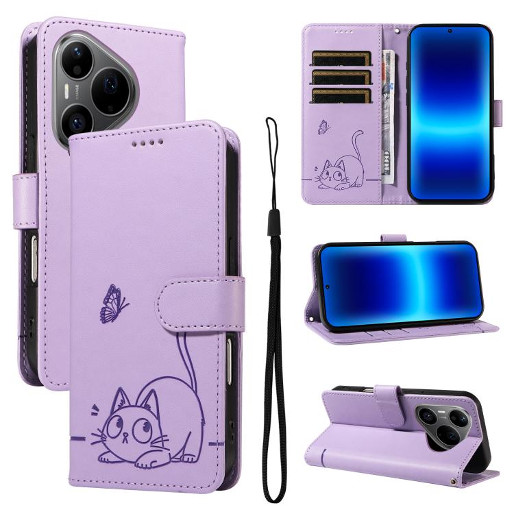 Adorable Cat Embossed Pattern Flip Leather Phone Case, For Huawei Pura 90 Pro Max 5G, For Huawei Pura 90 Pro 5G, For Huawei Pura 90 5G, For Huawei Nova 14 / Nova 14 Lite, For Huawei Pura 80 Ultra 5G, For Huawei Pura 80 Pro 5G, For Huawei Pura 80 5G