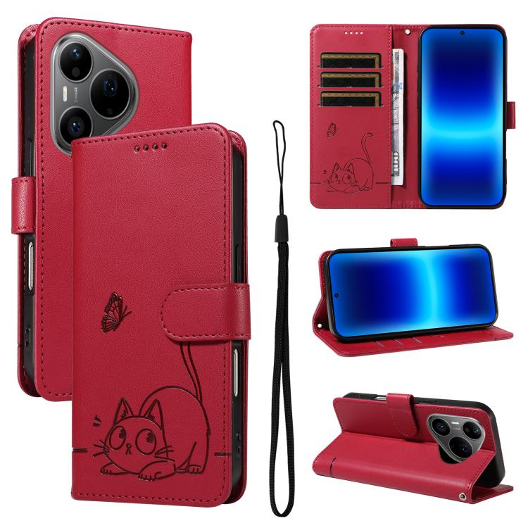 Adorable Cat Embossed Pattern Flip Leather Phone Case, For Huawei Pura 90 Pro Max 5G, For Huawei Pura 90 Pro 5G, For Huawei Pura 90 5G, For Huawei Nova 14 / Nova 14 Lite, For Huawei Pura 80 Ultra 5G, For Huawei Pura 80 Pro 5G, For Huawei Pura 80 5G