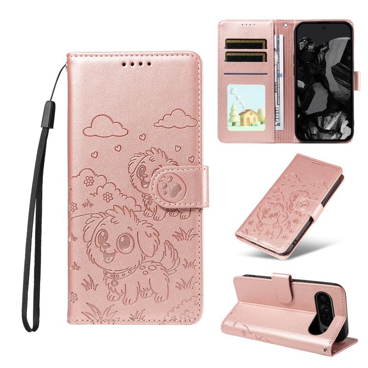 Embossed Heart Dog RFID Blocking Wallet Leather Phone Case, For Google Pixel 11a, For Google Pixel 11 Pro XL, For Google Pixel 11 / 11 Pro, For Google Pixel 10a, For Google Pixel 10 Pro XL / 9 Pro XL, For Google Pixel 10 / 10 Pro / 9 / 9 Pro           ...