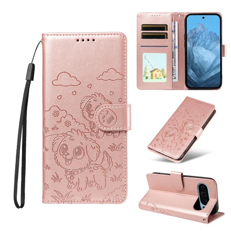 Embossed Heart Dog RFID Blocking Wallet Leather Phone Case, For Google Pixel 11a, For Google Pixel 11 Pro XL, For Google Pixel 11 / 11 Pro, For Google Pixel 10a, For Google Pixel 10 Pro XL / 9 Pro XL, For Google Pixel 10 / 10 Pro / 9 / 9 Pro           ...