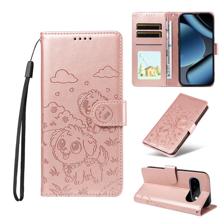 Embossed Heart Dog RFID Blocking Wallet Leather Phone Case, For Google Pixel 11a, For Google Pixel 11 Pro XL, For Google Pixel 11 / 11 Pro, For Google Pixel 10a, For Google Pixel 10 Pro XL / 9 Pro XL, For Google Pixel 10 / 10 Pro / 9 / 9 Pro           ...