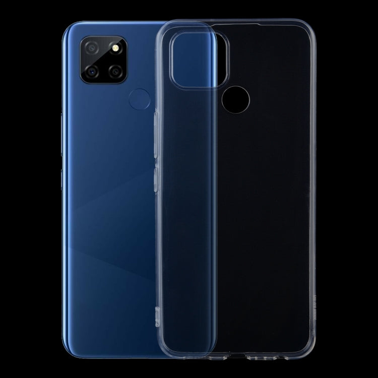 Transparent TPU phone case front and back views, slim fit with camera and speaker cutouts