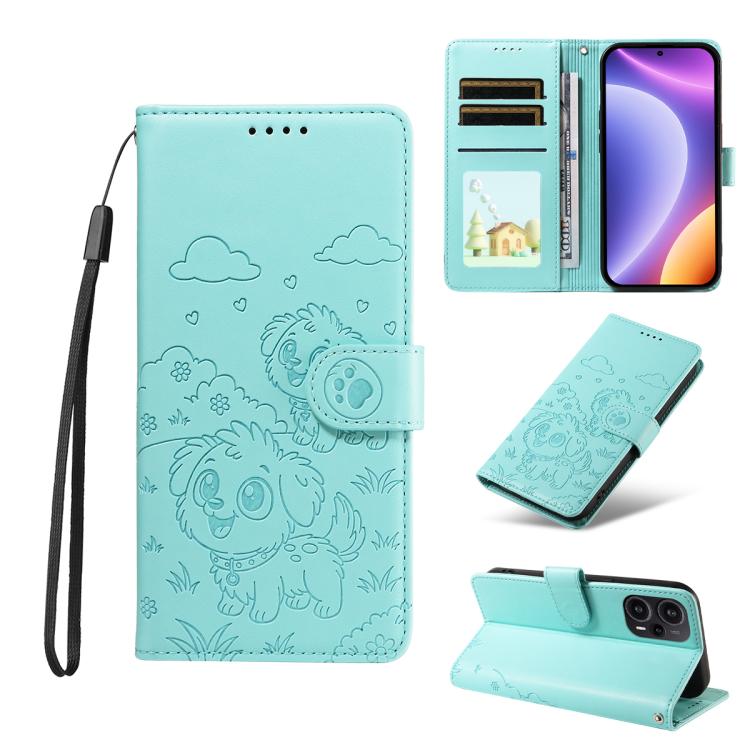 Embossed Heart Dog RFID Blocking Wallet Leather Phone Case, For Redmi Note 13 Pro+ 5G, For Redmi 12 4G / 5G / Note 12R, For Redmi Note 12 Turbo / Poco F5, For Redmi 11A 4G / Poco C55, For Redmi 10C / 10 Power