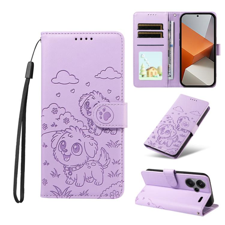 Embossed Heart Dog RFID Blocking Wallet Leather Phone Case, For Redmi Note 13 Pro+ 5G, For Redmi 12 4G / 5G / Note 12R, For Redmi Note 12 Turbo / Poco F5, For Redmi 11A 4G / Poco C55, For Redmi 10C / 10 Power