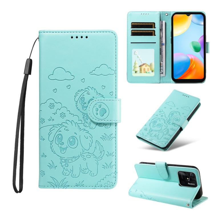 Embossed Heart Dog RFID Blocking Wallet Leather Phone Case, For Redmi Note 13 Pro+ 5G, For Redmi 12 4G / 5G / Note 12R, For Redmi Note 12 Turbo / Poco F5, For Redmi 11A 4G / Poco C55, For Redmi 10C / 10 Power