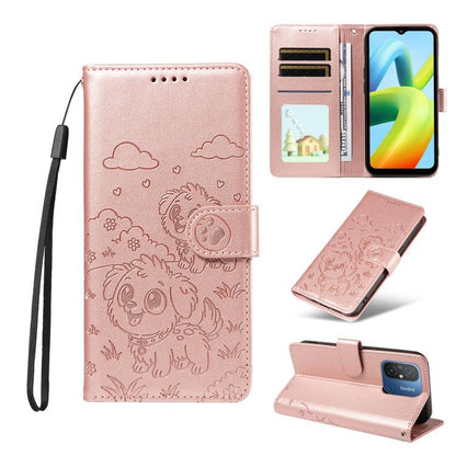 Embossed Heart Dog RFID Blocking Wallet Leather Phone Case, For Redmi Note 13 Pro+ 5G, For Redmi 12 4G / 5G / Note 12R, For Redmi Note 12 Turbo / Poco F5, For Redmi 11A 4G / Poco C55, For Redmi 10C / 10 Power