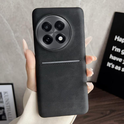 Black sheepskin card slot phone case with stitched band and camera cutouts