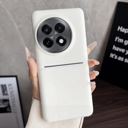 White sheepskin card slot phone case with stitched band and camera cutouts