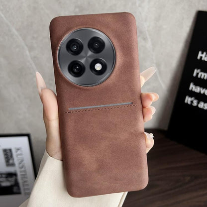 Brown sheepskin card slot phone case with stitched band and camera cutouts