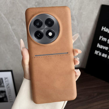 Tan sheepskin card slot phone case with stitched band and camera cutouts