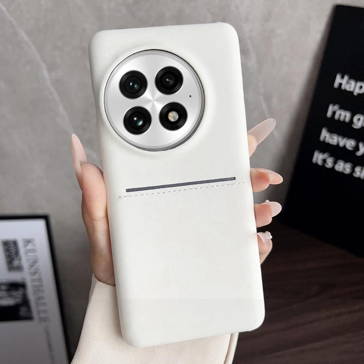 White sheepskin card slot phone case with circular camera cutouts and stitched band