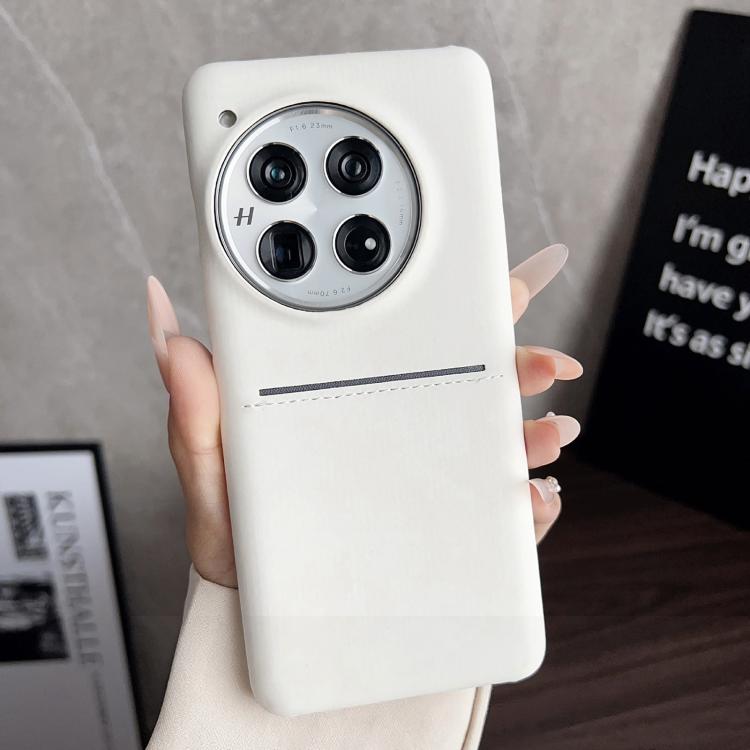 White sheepskin card slot phone case with camera cutout and stitched strap detail