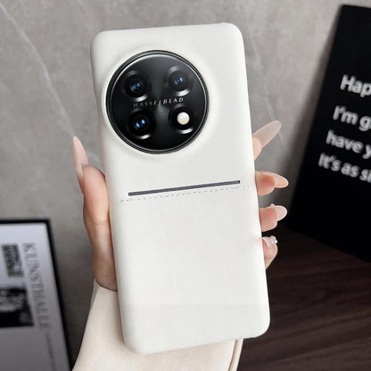 White leather-style phone case with card slot and camera cutout.
