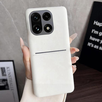 White sheepskin-feel phone case with card slot and camera cutouts for quad cameras