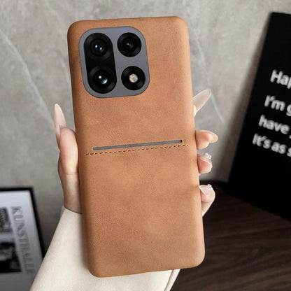 Tan sheepskin-feel phone case with card slot and camera cutouts for quad cameras