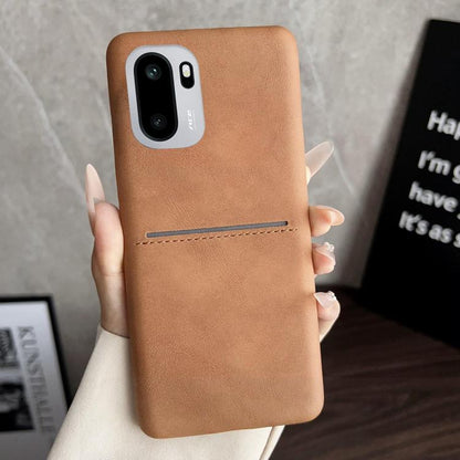 Tan sheepskin-feel phone case with card slot, stitched trim, and camera cutout