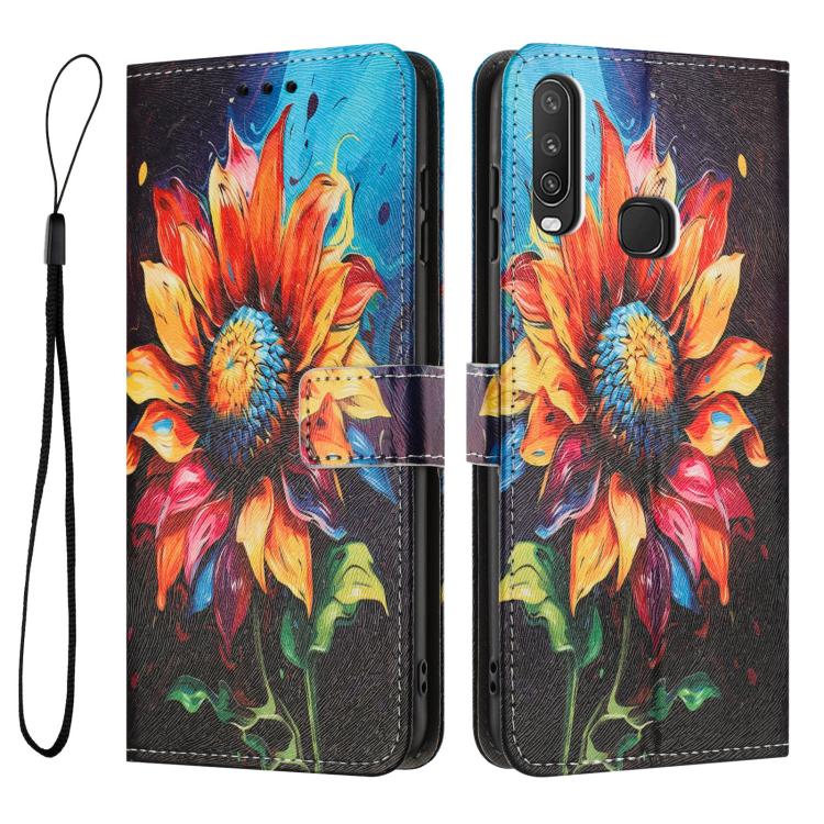 Sunflower flame leather folio phone case with lanyard loop and card slots, front view