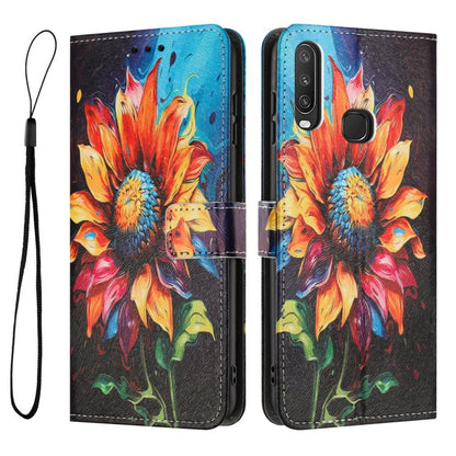 Sunflower flame leather folio phone case with lanyard loop and card slots, front view