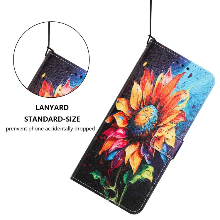 Sunflower flame leather folio phone case with lanyard strap and card slots