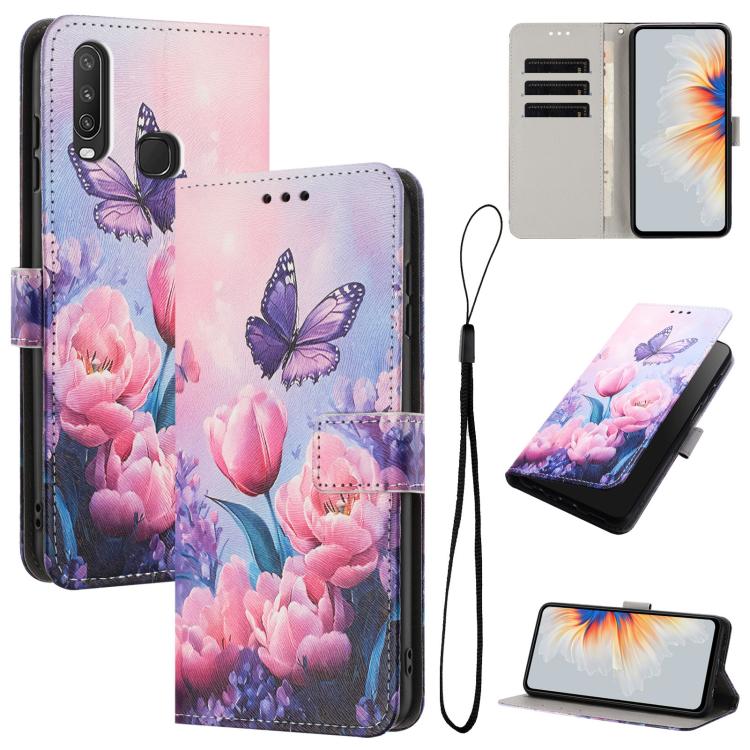 Pink butterfly and floral print leather folio phone case with lanyard and card slots