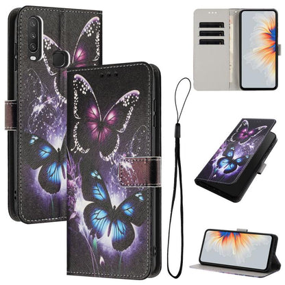 Purple butterfly galaxy print leather folio phone case with lanyard and card slots