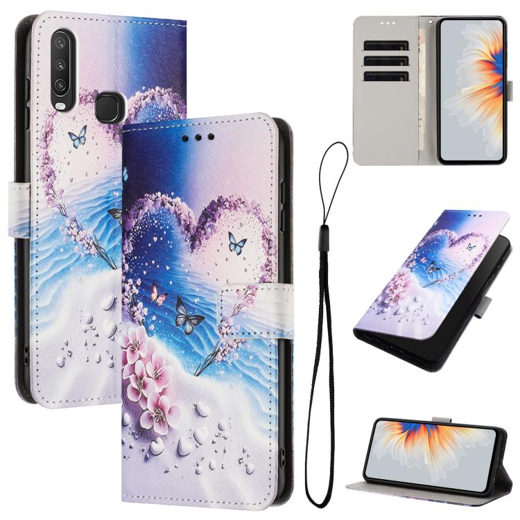 Blue sky butterfly and floral print leather folio phone case with lanyard and card slots
