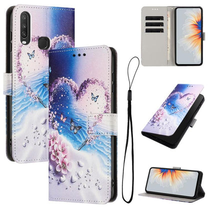 Blue sky butterfly and floral print leather folio phone case with lanyard and card slots