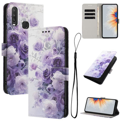 Lavender rose floral print leather folio phone case with lanyard and card slots
