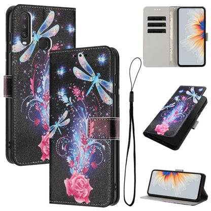 Leather-look phone case with black base, butterfly and rose drawing, wallet slots, strap