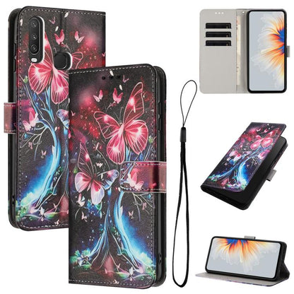 Leather-look phone case with black base, pink and blue butterfly drawing, wallet slots, strap
